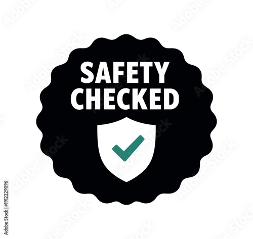 Flat vector seal stamp badge SAFETY CHECKED simple white shield with tiny checkmark accent