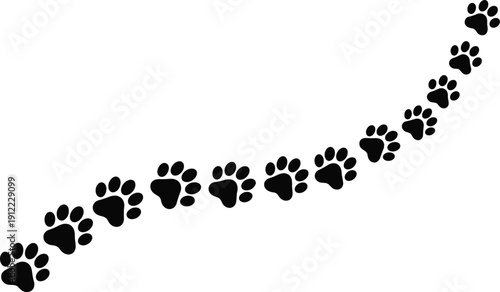 Curved trail of black animal paw prints vector illustration, pet tracking design, domestic wildlife theme, minimalist nature concept