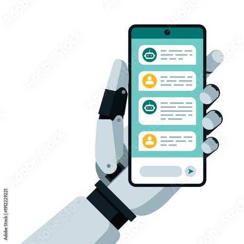 Robot hand holding a smartphone and chatting