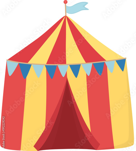 Striped circus tent decorated with garland of colorful flags. Carnival tent with red and yellow stripes 