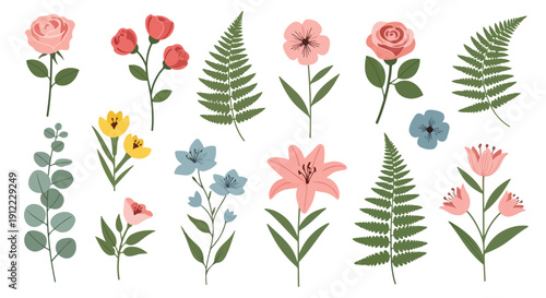 Collection of various colorful flowers and leaves on white background.