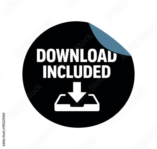Flat vector sticker peel badge solid black sticker with peeled corner muted blue DOWNLOAD INCLUDED simple white download tray