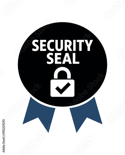 Flat vector ribbon badge SECURITY SEAL simple white lock with checkmark two ribbon below circle
