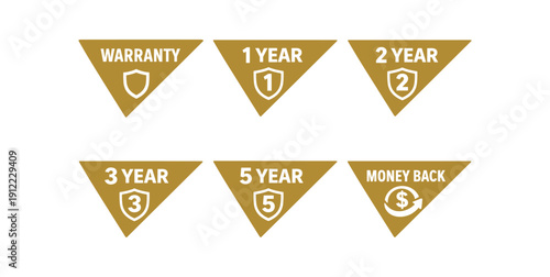 six separate flat vector corner callout stickers badge triangle label with : WARRANTY shield icon 1 YEAR shield 1 icon 2 YEAR shield 2 icon YEAR shield icon 5 YEAR shield 5 icon MONEY BACK
