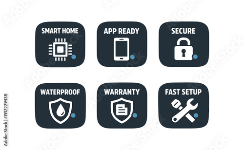 six separate flat vector badges tiny muted blue on icon : SMART HOME chip icon APP READY phone icon SECURE padlock icon WATERPROOF droplet shield icon WARRANTY shield document icon FAST