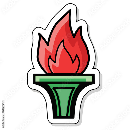 A cartoon-style green torch with a red flame, outlined in black and white, on a pure white background, with bold lines and vibrant colors.