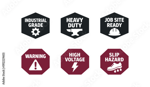 six separate flat vector badges three solid black hexagons and three solid deep maroon octagons and simple white pictograms below evenly spaced hex texts/: INDUSTRIAL GRADE gear icon HEAVY