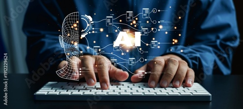 Wallpaper Mural Person coding on a laptop bright glowing flowchart above keyboard Data streams connection visualization planning strategy system data analysis marketing flowchart algorithm laptop business concept
 Torontodigital.ca