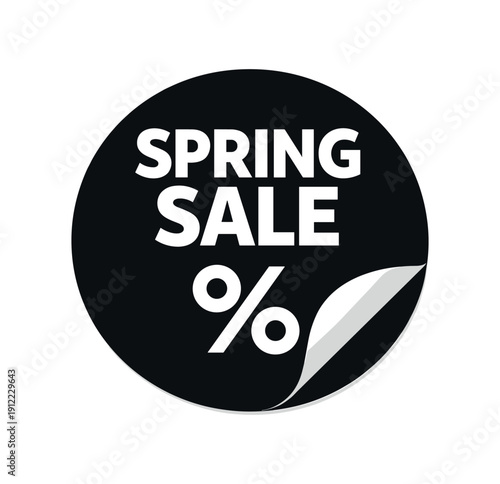 Flat vector sticker peel badge solid black sticker SPRING SALE simple white percent sign