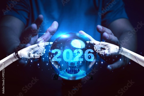 Wallpaper Mural Futuristic concept of human hands surrounding glowing crystal ball with illuminated year 2026 and digital sparkles, symbolizing prediction, foresight, and future planning. Torontodigital.ca