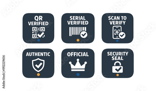 six separate flat vector () badges tiny muted color ( ) : QR VERIFIED QR check icon SERIAL VERIFIED barcode check icon SCAN TO VERIFY phone scanning QR icon AUTHENTIC shield check icon