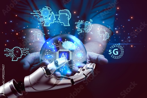 Wallpaper Mural Tech forecasting concept : Shining Ai tech icon display on magic crystal ball sphere with the colorful magic lighting ,Meaning of hope and beautiful world, Safety Ai system ethic and control Torontodigital.ca