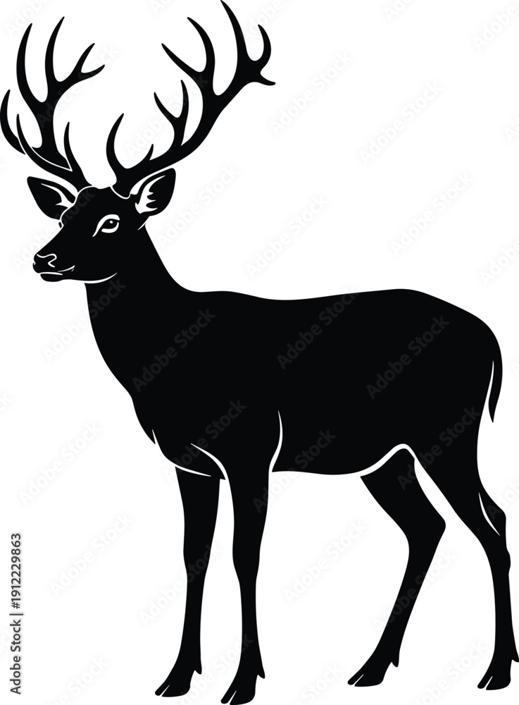 Fototapeta premium Black silhouette of deer with antlers standing in profile, wildlife vector illustration, nature design, animal theme, forest concept