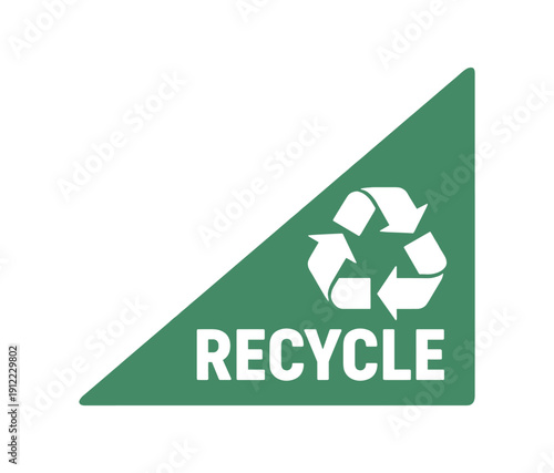 Flat vector corner callout sticker green triangular corner label RECYCLE simple white recycle arrows pictogram
