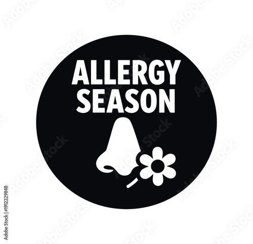 Flat vector badge ALLERGY SEASON simple white nose with flower