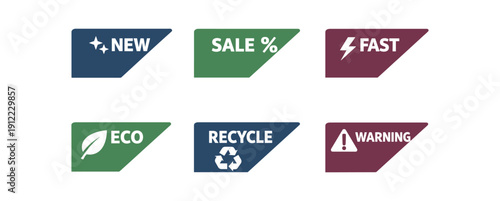 six separate flat vector corner callout stickers solid triangle label ( muted green deep maroon) : NEW sparkle icon SALE percent icon FAST lightning icon ECO leaf icon RECYCLE arrows icon