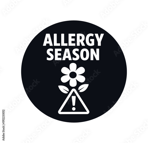 Flat vector badge ALLERGY SEASON simple white flower with alert triangle