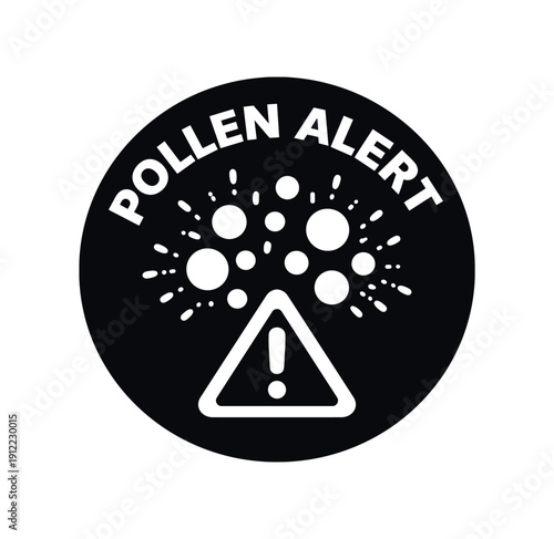 Flat vector badge POLLEN ALERT simple white pollen dots with alert triangle