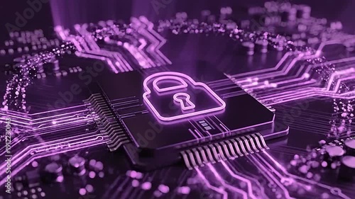 Secure Computer Chip with Lock Icon on Circuit Board.