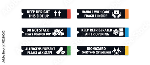 six separate flat vector label strip badges solid black horizontal banner with die cut notches white bold uppercase long text and beside text small muted color tabs : KEEP UPRIGHT THIS SIDE