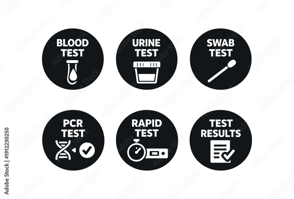 Fototapeta premium six separate flat vector badges badge solid black circle with the text consistent style and size badge texts and : BLOOD TEST with blood droplet test tube icon URINE TEST with sample cup