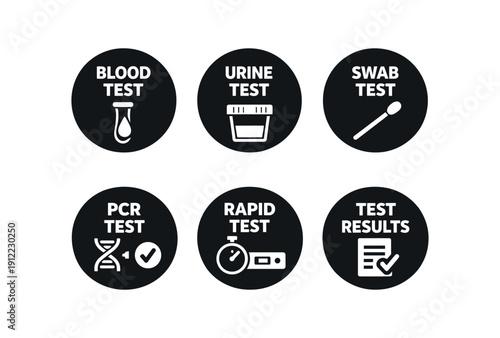 six separate flat vector badges badge solid black circle with the text consistent style and size badge texts and : BLOOD TEST with blood droplet test tube icon URINE TEST with sample cup