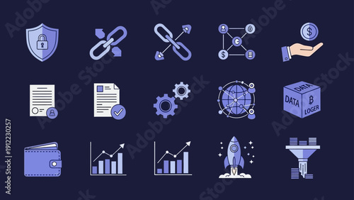 Digital finance and blockchain technology icons set.