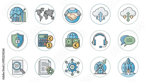 Set of flat icons for business, finance, and technology