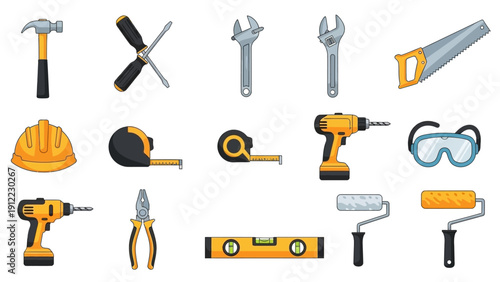 Collection of construction and DIY tools on a white background.