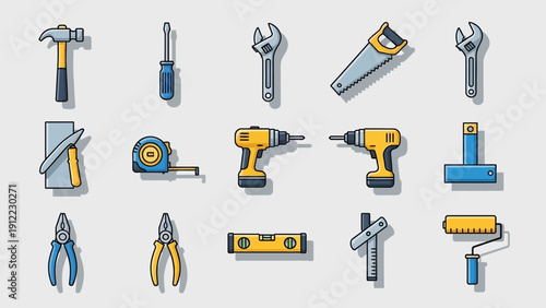 Collection of essential construction and DIY tools with flat design.