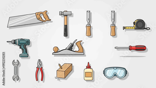 A comprehensive collection of essential woodworking and handyman tools in a flat design style.