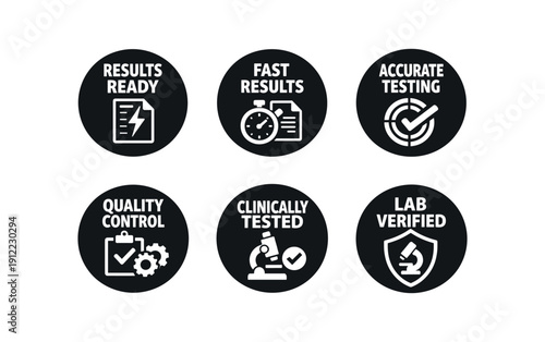 six separate flat vector badges badge solid black circle with the text consistent style and size badge texts and : RESULTS READY with document lightning bolt icon FAST RESULTS with