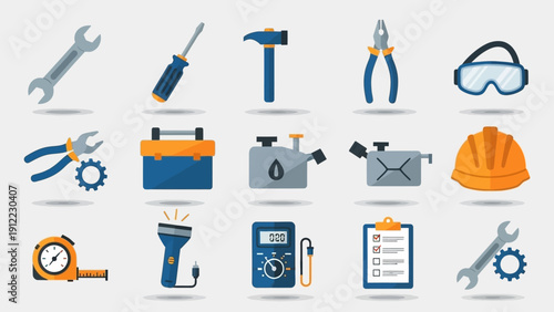 Collection of essential repair and maintenance tools and equipment icons