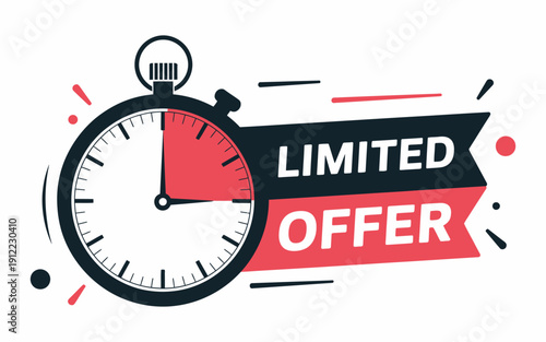 last minute limited offer with clock for sale promo, button, logo or banner, red background, hurry up label with countdown timer for marketing campaigns and e-commerce promotion design.