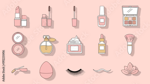 A collection of flat design cosmetic icons on a pink background.