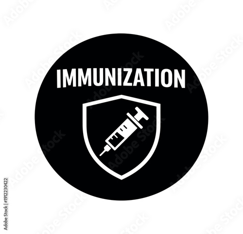Flat vector badge IMMUNIZATION simple white shield with syringe