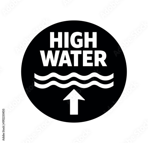 Flat vector badge HIGH WATER simple white water waves with up arrow