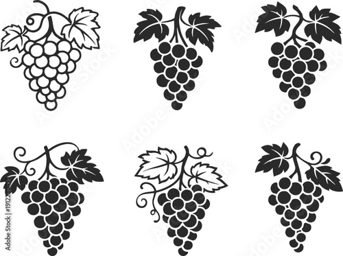  collection of elegant black and white  vector icons for fruits, vineyards, trees, and organic farming concepts featuring various grape bunches, leaves, and wine.