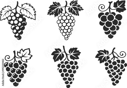  collection of elegant black and white  vector icons for fruits, vineyards, trees, and organic farming concepts featuring various grape bunches, leaves, and wine.