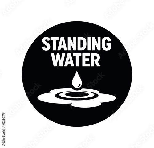 Flat vector badge STANDING WATER simple white puddle with droplet