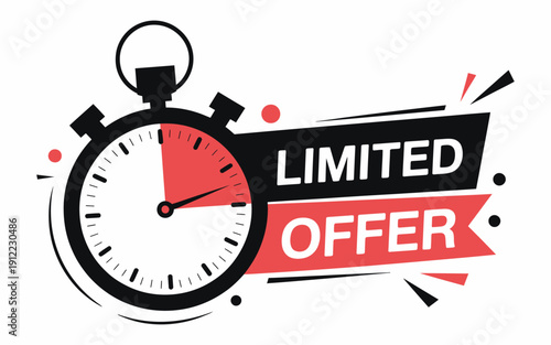 last minute limited offer with clock for sale promo, button, logo or banner, red background, hurry up label with countdown timer for marketing campaigns and e-commerce promotion design.