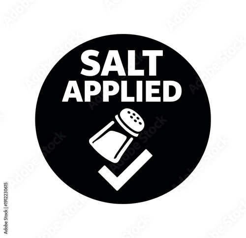 Flat vector badge SALT APPLIED simple white salt shaker with checkmark