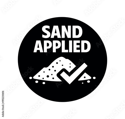 Flat vector badge SAND APPLIED simple white dots pile with checkmark