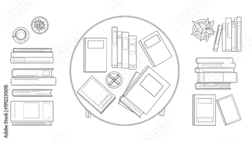 Round Coffee Table with Books Top View Plan Outline Vector Set for Interior Layout Design