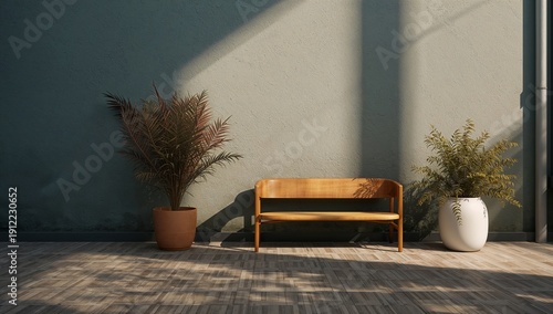 Wood Bench and Plants in a Simple Setting During Daylight in an Indoor Space