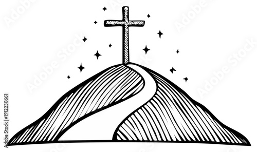 Drawn Religious Cross on Hilltop with Shining Stars in Black and White Illustration