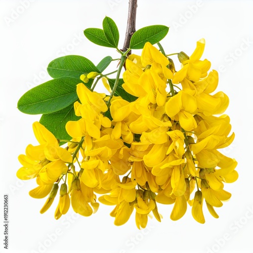Golden shower of yellow laburnum flowers with leaves on white background