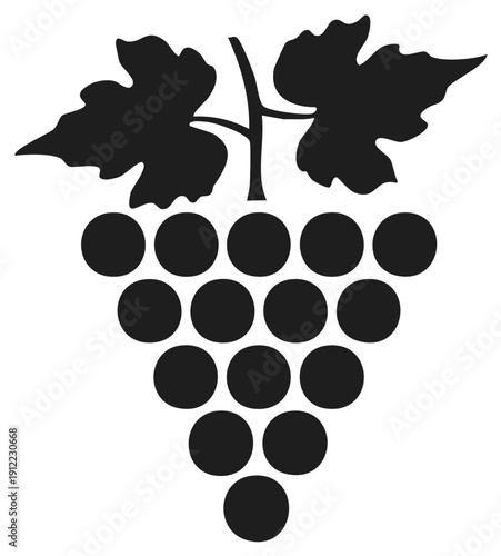 Silhouette illustration of a bunch of grapes with leaves, monochrome graphic.