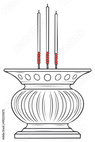Outline illustration of three ceremonial incense sticks in an ornate traditional stand