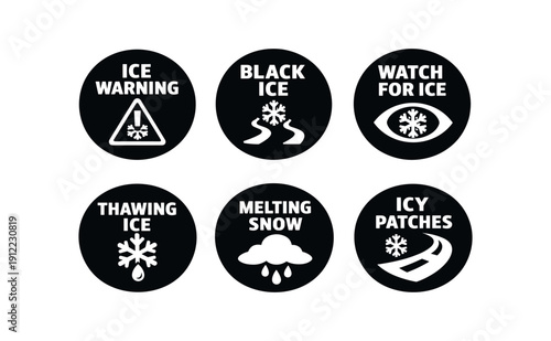 six separate flat vector badges badge solid black circle with the text consistent style and size badge texts and : ICE WARNING with snowflake alert triangle icon BLACK ICE with snowflake
